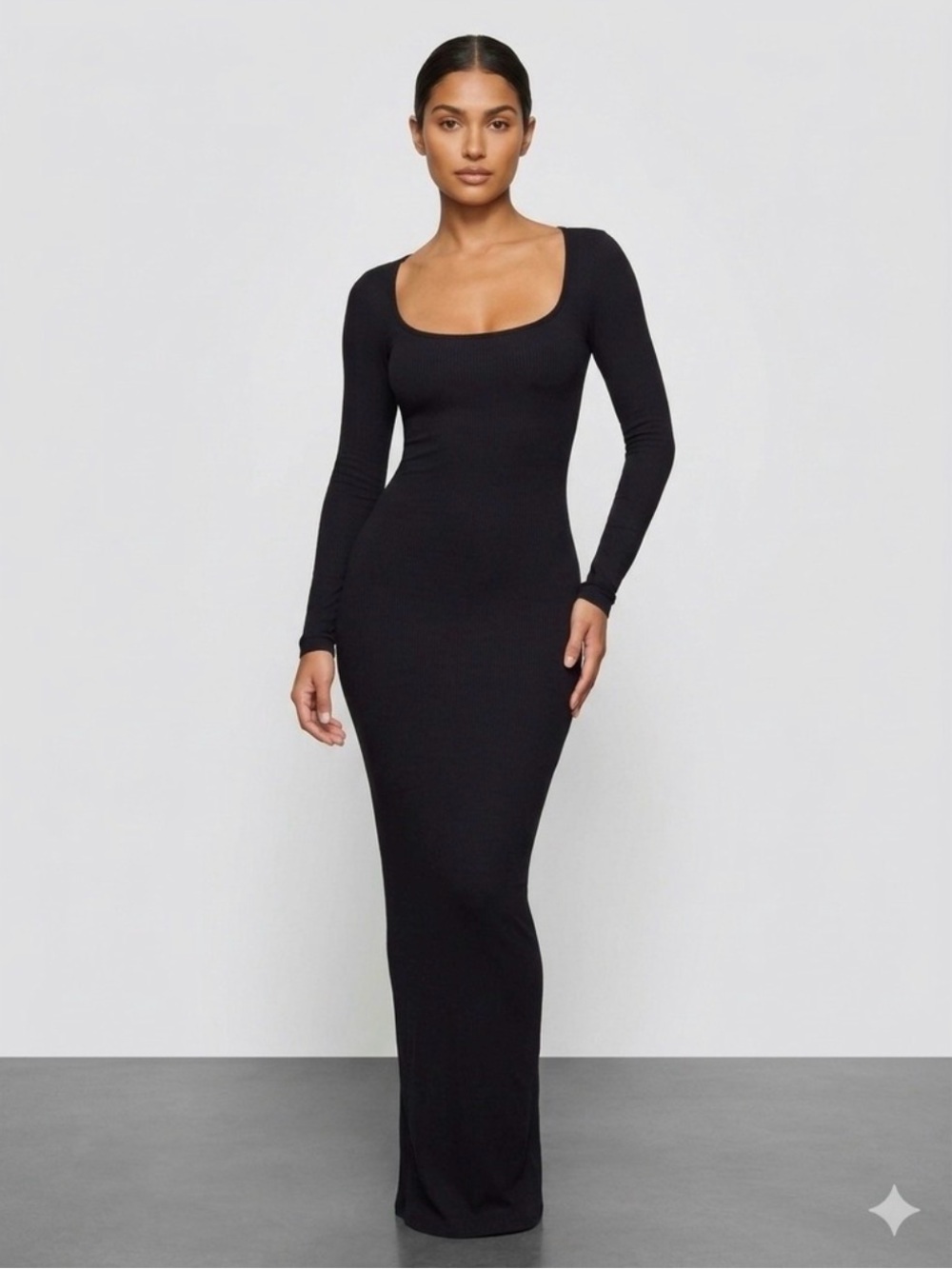 SKIMS Black Long-Sleeve Maxi Scoop Neck Dress